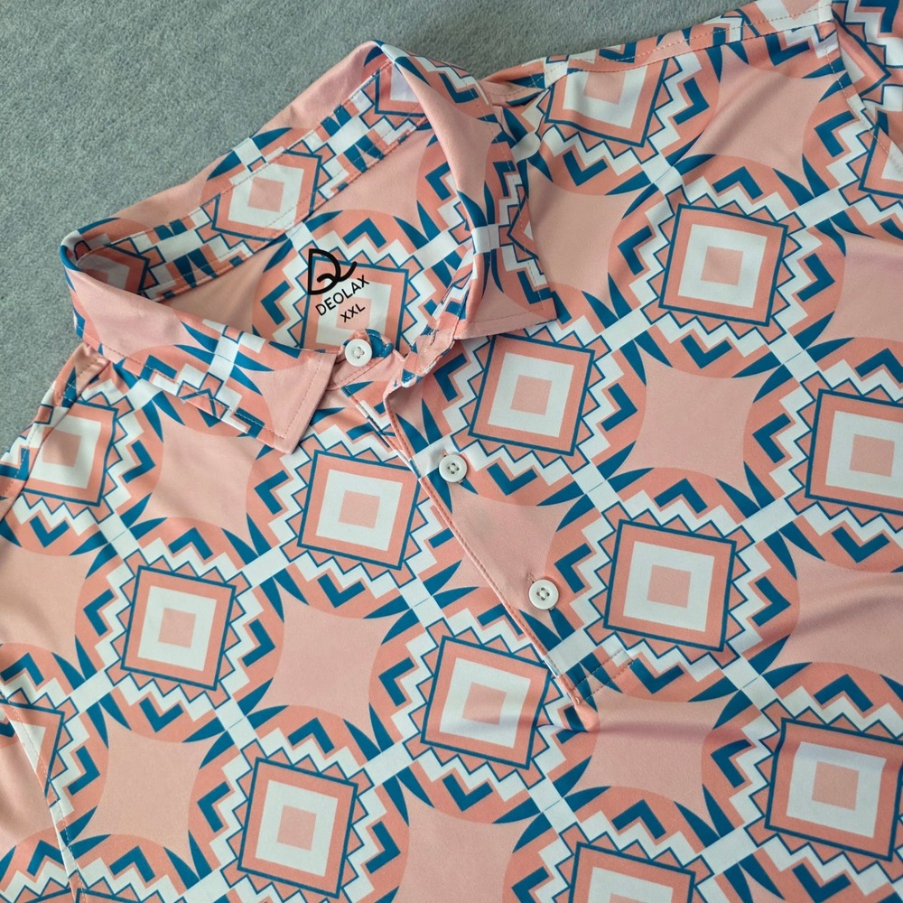 Deolax Mens XXL Peach Geometric Southwestern Performance Golf Polo Shirt